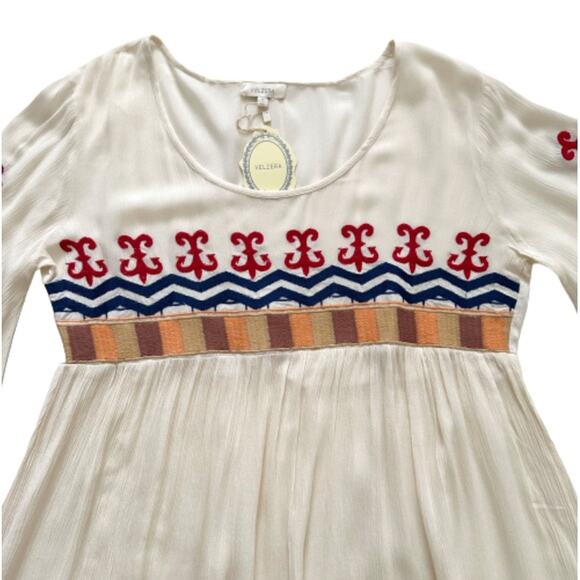 Velzera Dress Cream Brown Red Blue Embroidered Bell Sleeve Tunic Boho Medium NEW - Picture 7 of 12